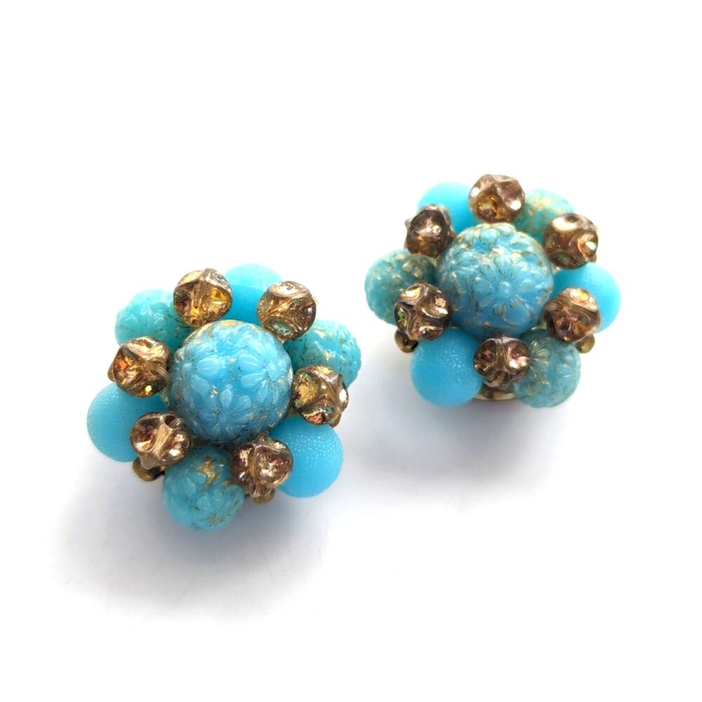 Vintage West Germany Turquoise Floral Embossed Beaded Cluster Clip On Earrings